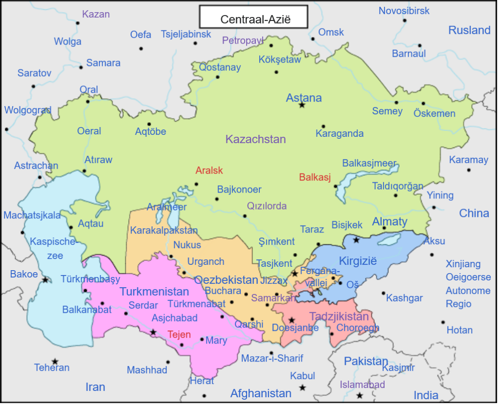 Land kaart van Centraal Azië met de grenzen tussen de centraal Aziatische landen en de  weergave van de grote steden.